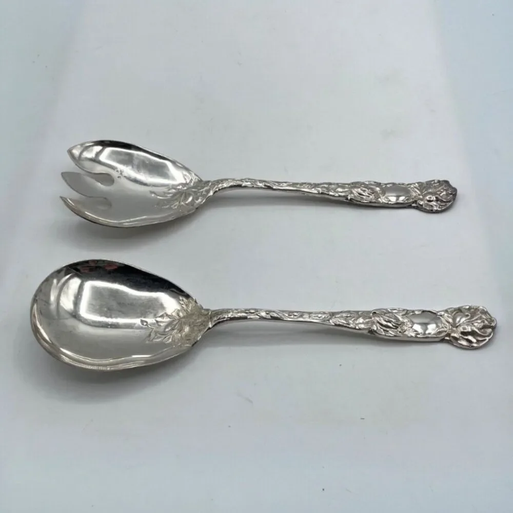 W A Italy Silverplate Bridal Rose Salad Server Set Fork AND Spoon 9.5